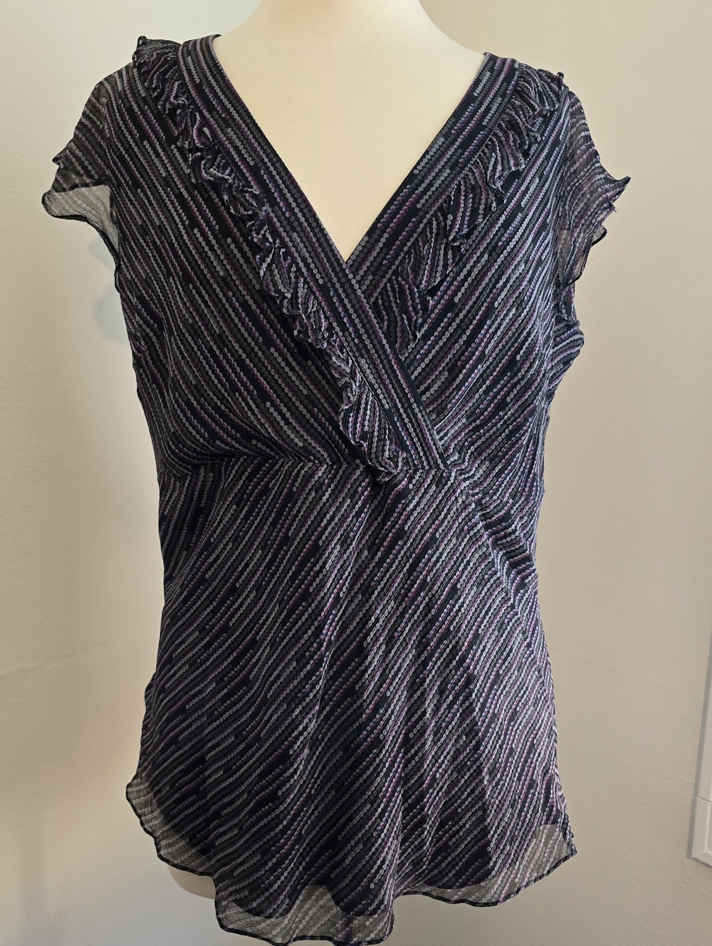 Alfani Black, Gray and Purple Striped Ruffle V-Neck Blouse